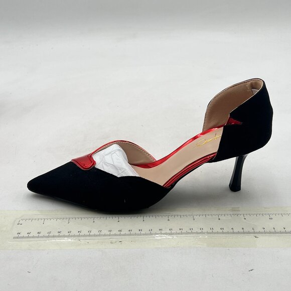 XYD Black/Red Pointed Toe D'Orsay Kitten Heel Rhinestone Studs Slip-On Pumps - Picture 2 of 8